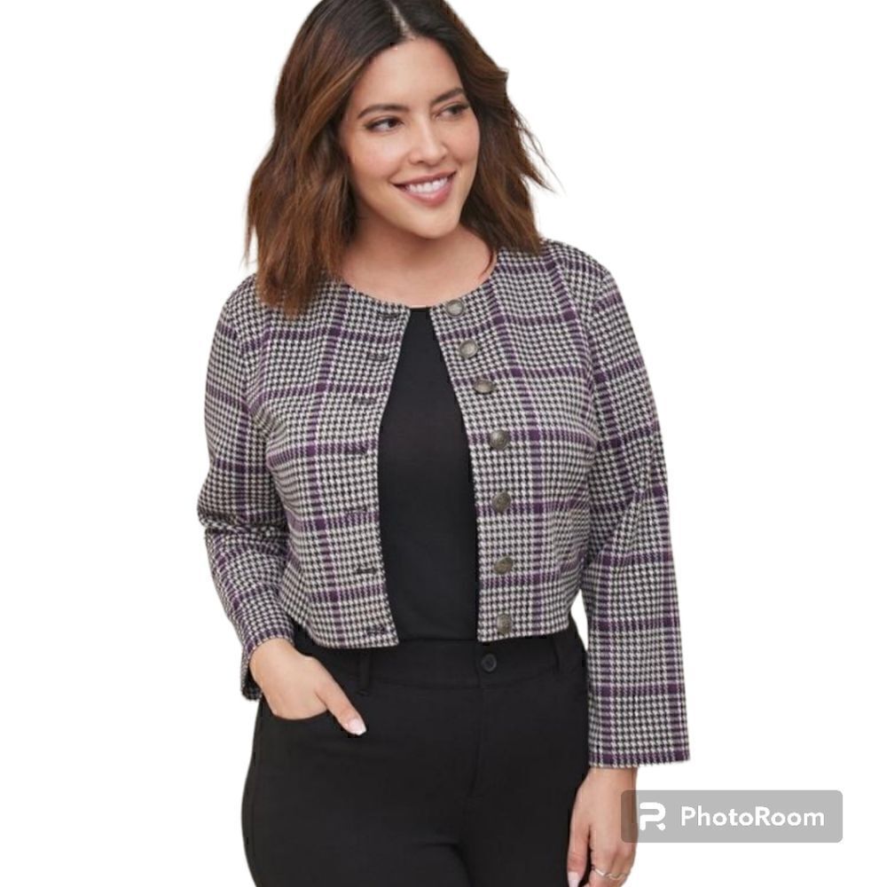 6X 30W Torrid Purple Herringbone Crop Jacket Blazer Collarless 90s Stretch Plaid